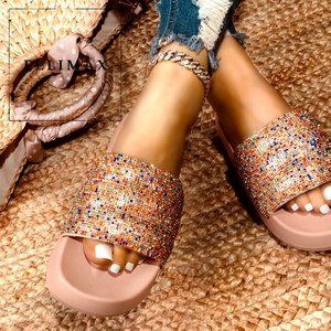 Blush Nude Multi-Color Rhinestone Flat-Platform Slide Sandal Flip Flops